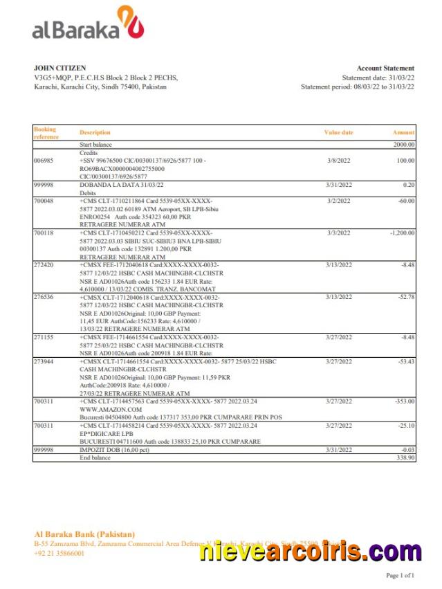 Pakistan Al Baraka bank statement